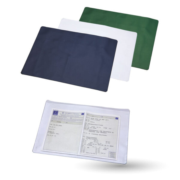 Porta documenti in pvc. Colori: bianco, blu, verde. Dimensioni cm 26x18,5 (aperto)